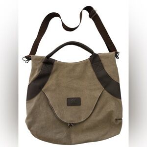 K2 Classic Fashion The Genova Hobo Tote Bag Green Canvas & Leather 18”x16”